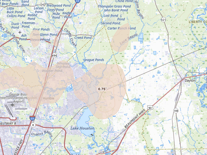 Radar-estimated hail-size map of the storm over Huffman, TX on Jun 19, 2026