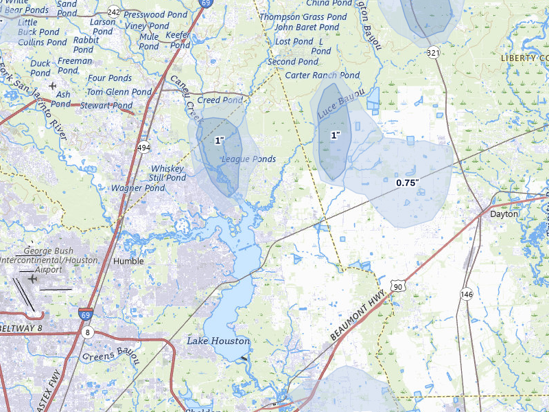 NEXRAD radar-signature map of the hail storm over Huffman, TX on Jul 7, 2026