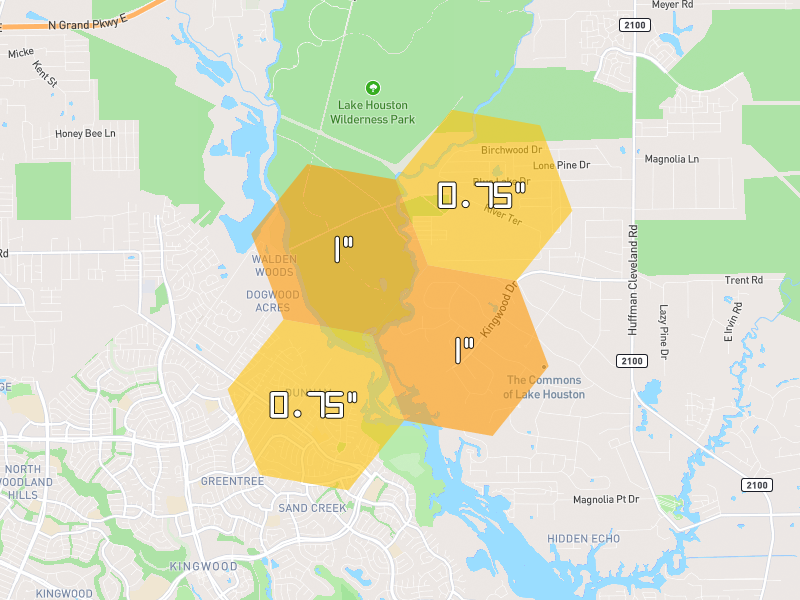 Hail map of Huffman, TX on Jul 7, 2026, hail up to 1"