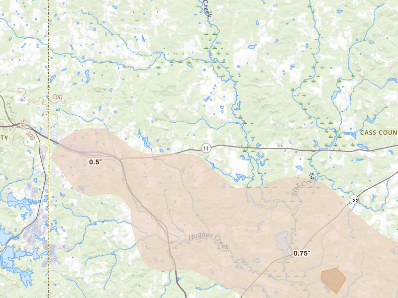 Radar-estimated hail-size map of the storm over Hughes Springs, TX on Mar 15, 2026