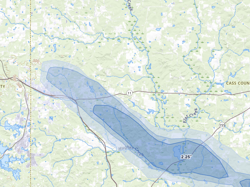 NEXRAD radar-signature map of the hail over Hughes Springs, TX