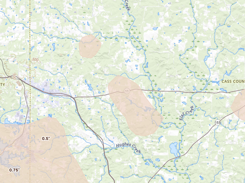 Radar-estimated hail-size map of the storm over Hughes Springs, TX on Jul 6, 2026