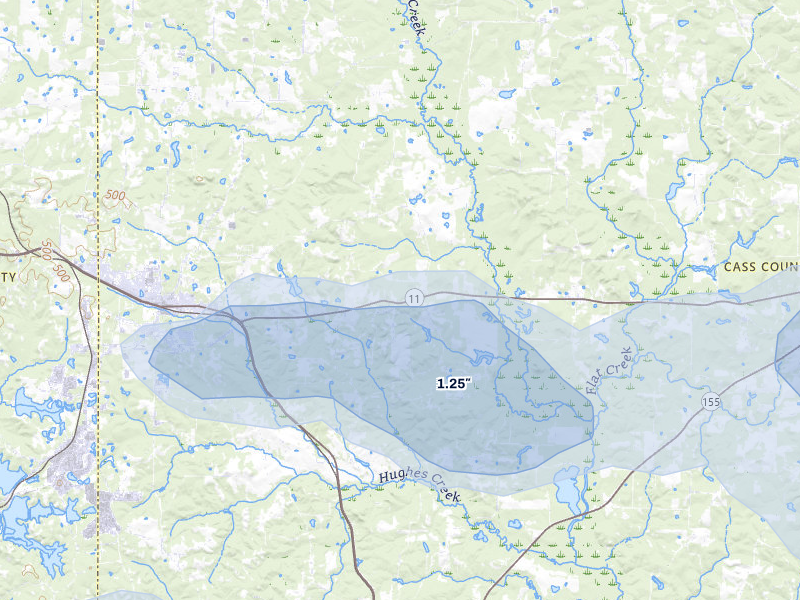 NEXRAD radar-signature map of the hail storm over Hughes Springs, TX on Jul 6, 2026
