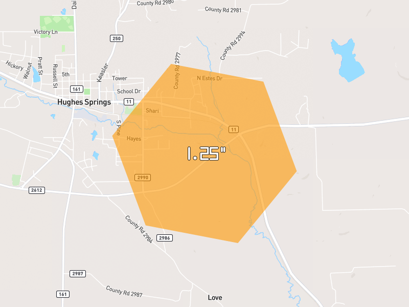 Hail map of Hughes Springs, TX on Jul 6, 2026, hail up to 1.25"