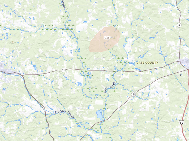 Radar-estimated hail-size map of the storm over Hughes Springs, TX on Aug 8, 2026