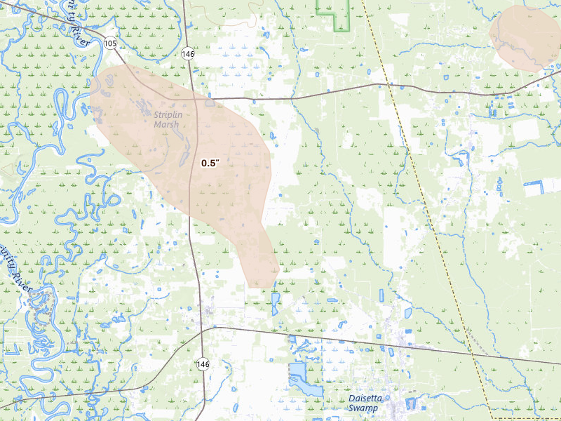 Radar-estimated hail-size map of the storm over Hull, TX on Jul 7, 2026