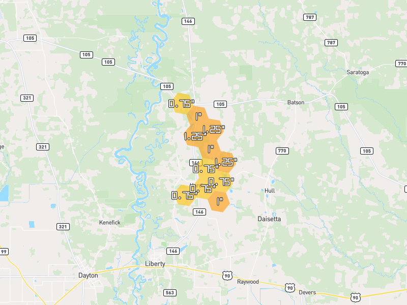 Hail map of Hull, TX on Jul 7, 2026, hail up to 1.25"
