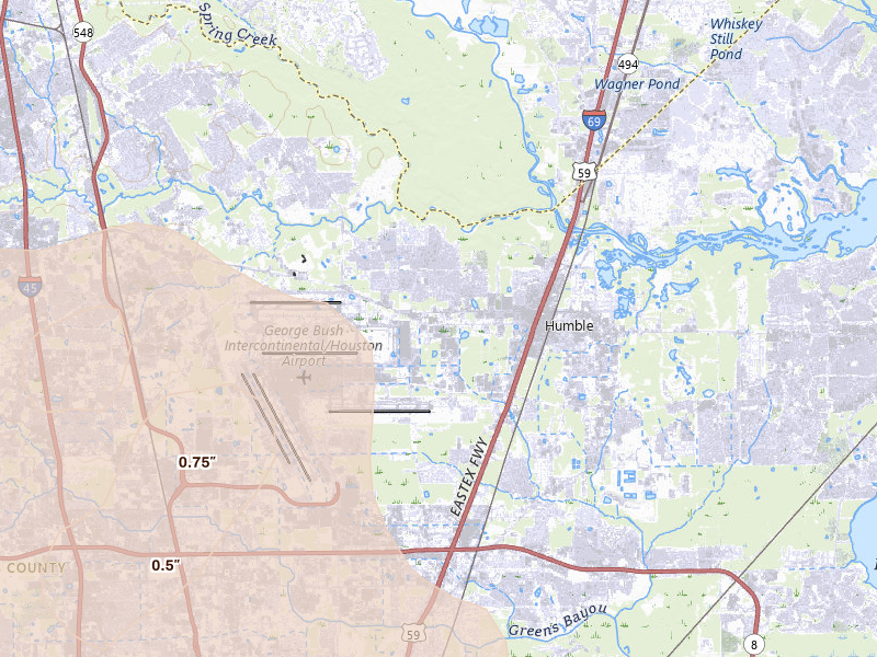 Radar-estimated hail-size map of the storm over Humble, TX on Mar 7, 2026