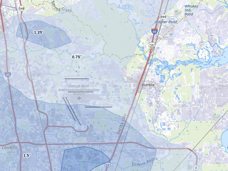 NEXRAD radar-signature map of the hail storm over Humble, TX on Mar 7, 2026