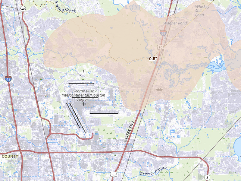 Radar-estimated hail-size map of the storm over Humble, TX on Jun 19, 2026