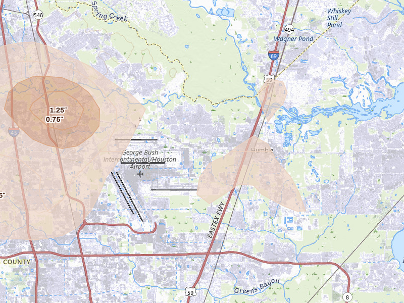 Radar-estimated hail-size map of the storm over Humble, TX on Aug 28, 2026