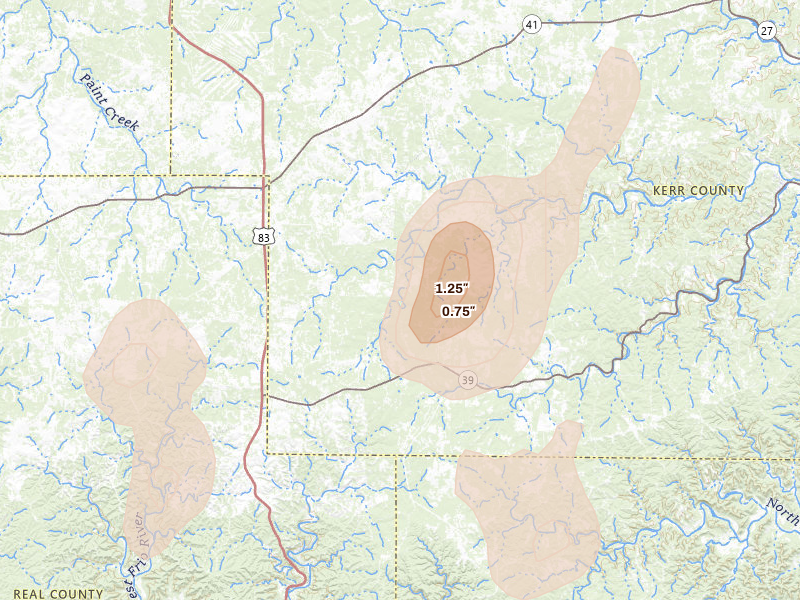 Radar-estimated hail-size map of the storm over Hunt, TX on May 19, 2026