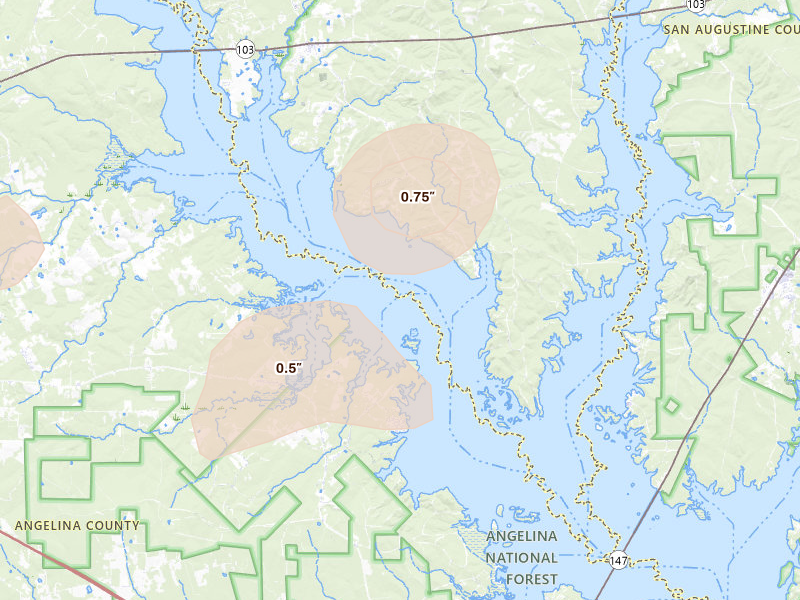 Radar-estimated hail-size map of the storm over Huntington, TX on Jul 5, 2026