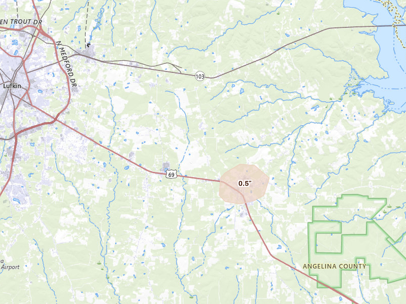 Radar-estimated hail-size map of the storm over Huntington, TX on Aug 21, 2026