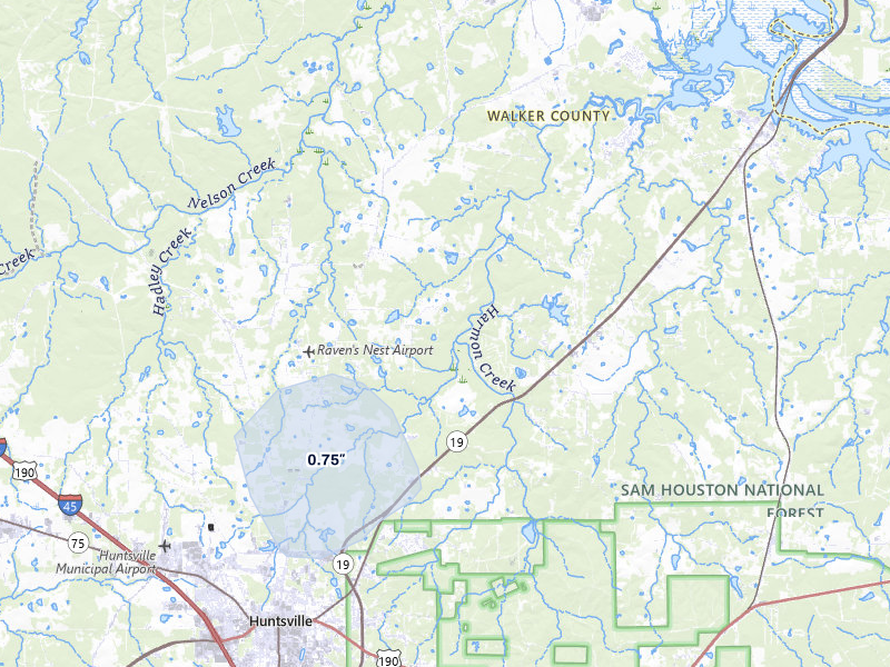 NEXRAD radar-signature map of the hail storm over Huntsville, TX on Jan 9, 2026