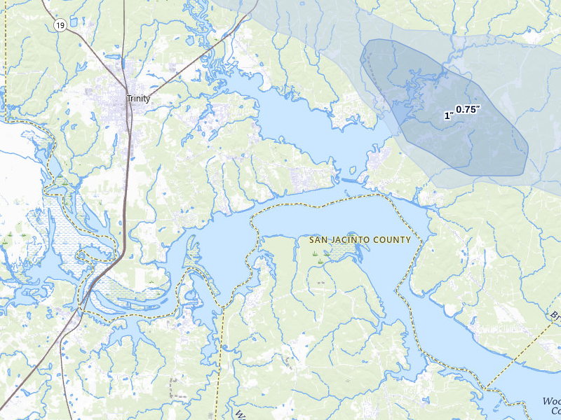 NEXRAD radar-signature map of the hail storm over Huntsville, TX on May 10, 2026