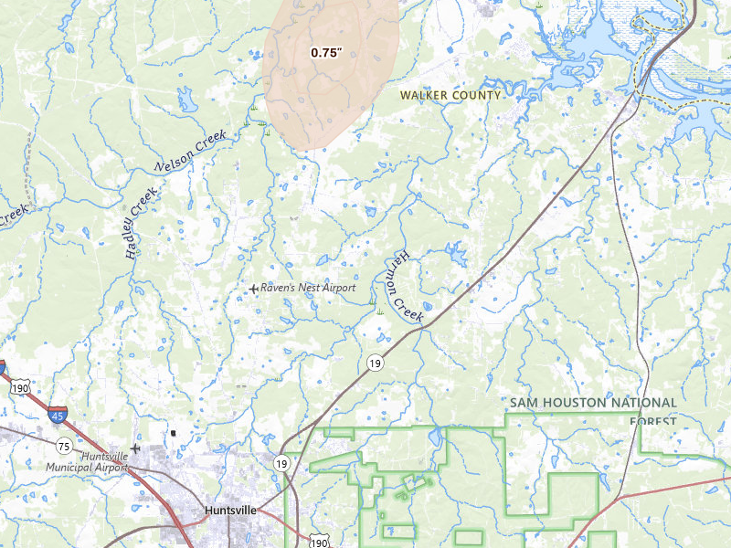 Radar-estimated hail-size map of the storm over Huntsville, TX on Jul 7, 2026