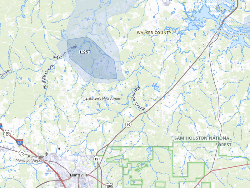 NEXRAD radar-signature map of the hail storm over Huntsville, TX on Jul 7, 2026
