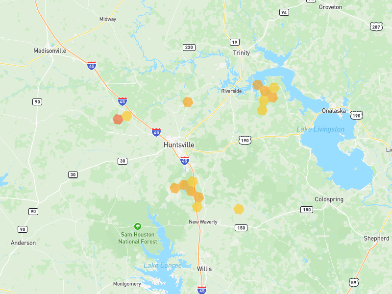 Hail map of Huntsville, TX on Jul 7, 2026, hail up to 1.75"