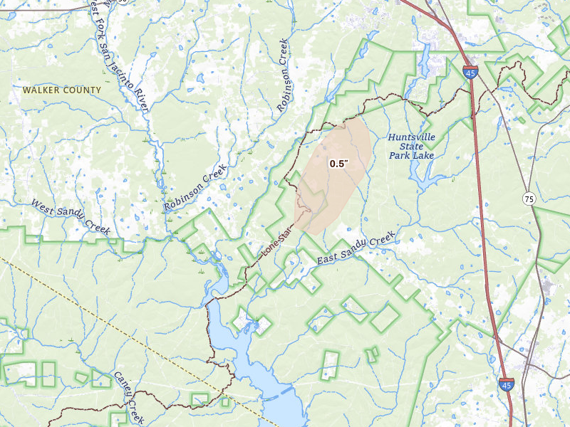 Radar-estimated hail-size map of the storm over Huntsville, TX on Jul 16, 2026