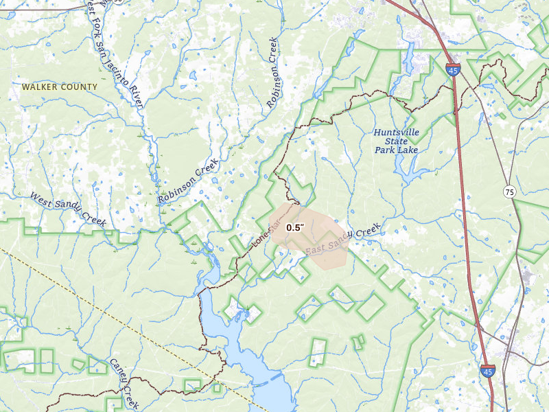 Radar-estimated hail-size map of the storm over Huntsville, TX on Aug 9, 2026