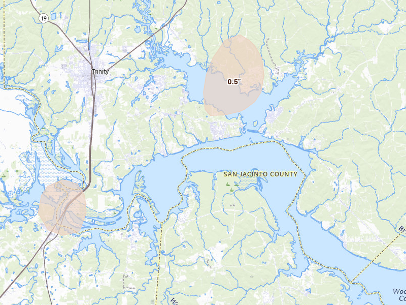 Radar-estimated hail-size map of the storm over Huntsville, TX on Aug 27, 2026