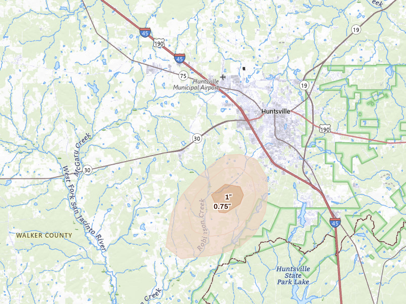 Radar-estimated hail-size map of the storm over Huntsville, TX on Aug 28, 2026