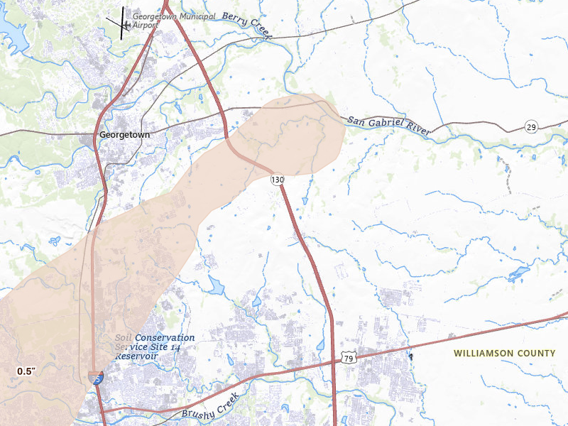 Radar-estimated hail-size map of the storm over Hutto, TX on Apr 18, 2026