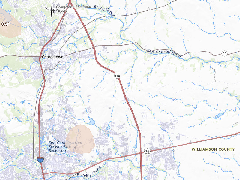 Radar-estimated hail-size map of the storm over Hutto, TX on May 25, 2026