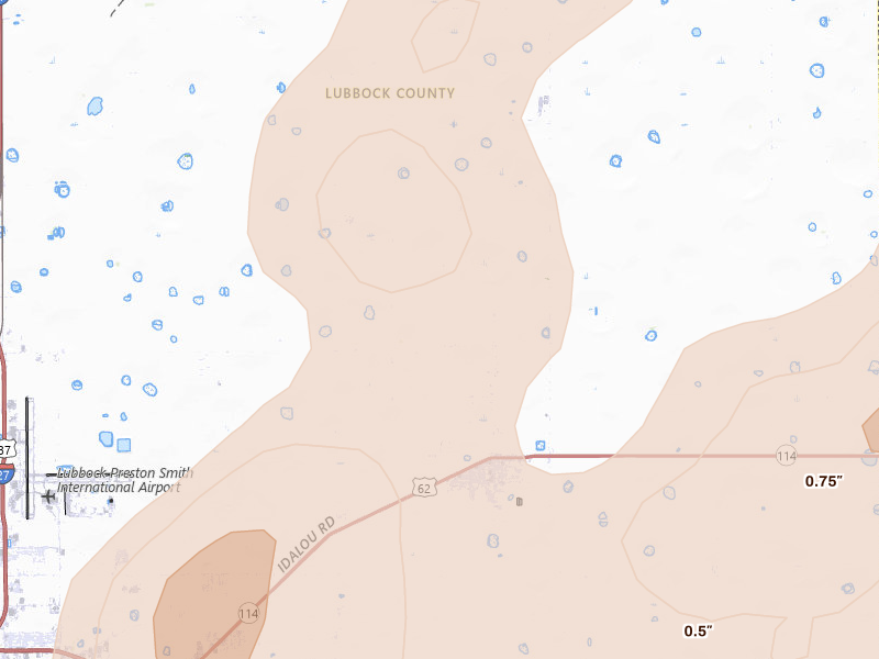Radar-estimated hail-size map of the storm over Idalou, TX on May 22, 2026