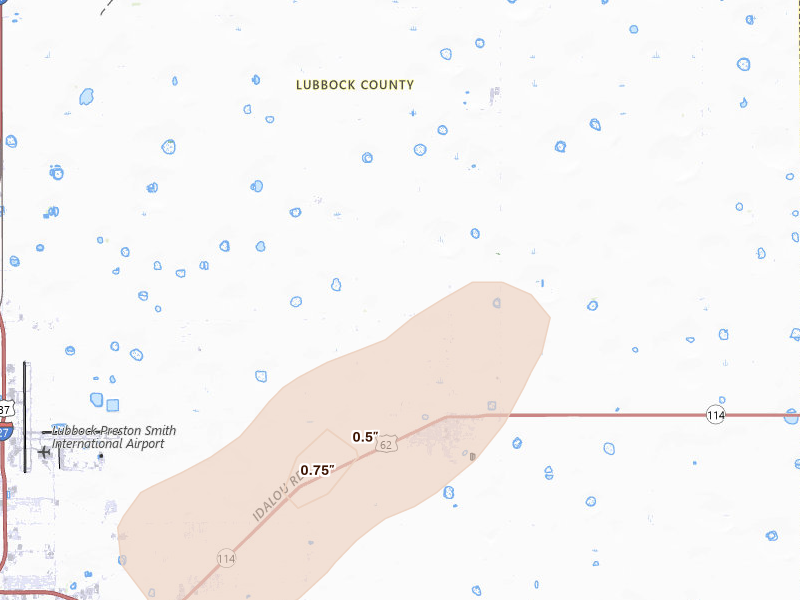 Radar-estimated hail-size map of the storm over Idalou, TX on Jun 11, 2026