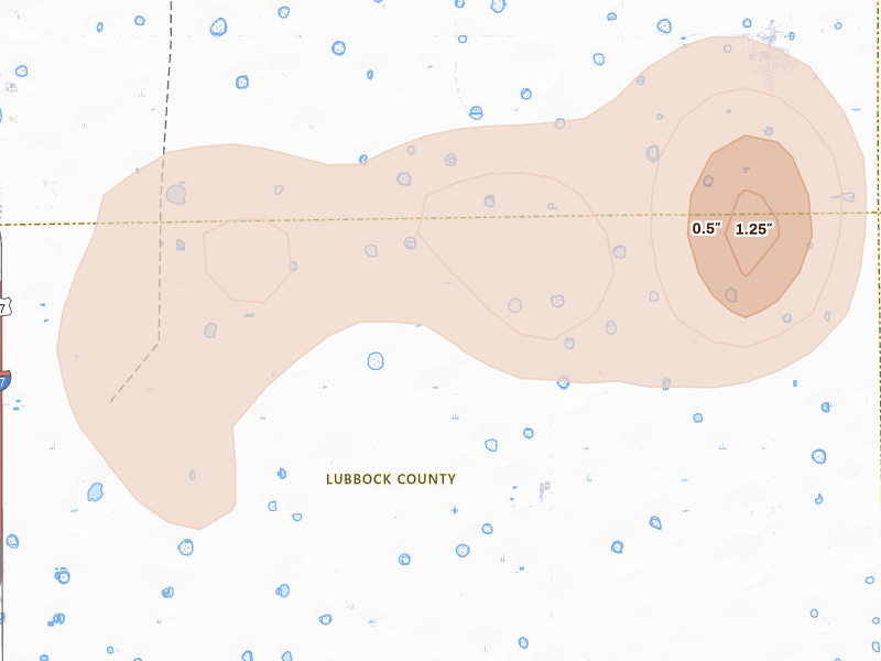 Radar-estimated hail-size map of the storm over Idalou, TX on Aug 13, 2026