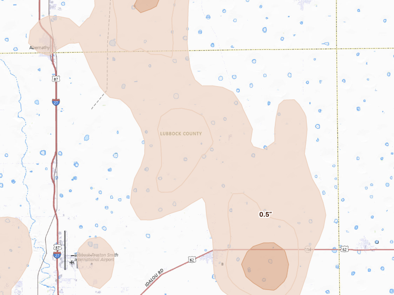 Radar-estimated hail-size map of the storm over Idalou, TX on Sep 15, 2026