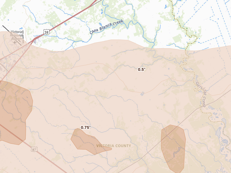 Radar-estimated hail-size map of the storm over Inez, TX on May 1, 2026