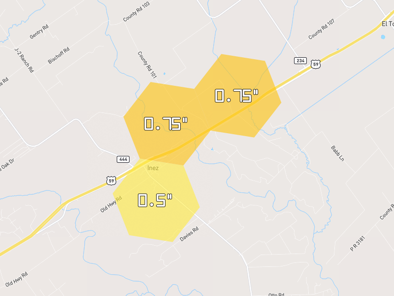 Hail map of Inez, TX on Jul 7, 2026, hail up to 0.75"