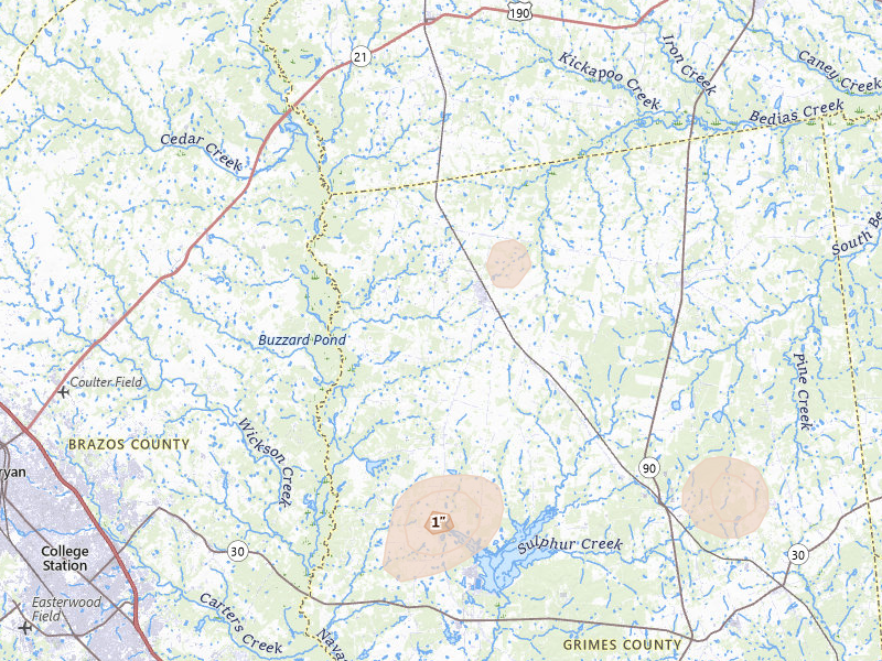 Radar-estimated hail-size map of the storm over Iola, TX on May 25, 2026