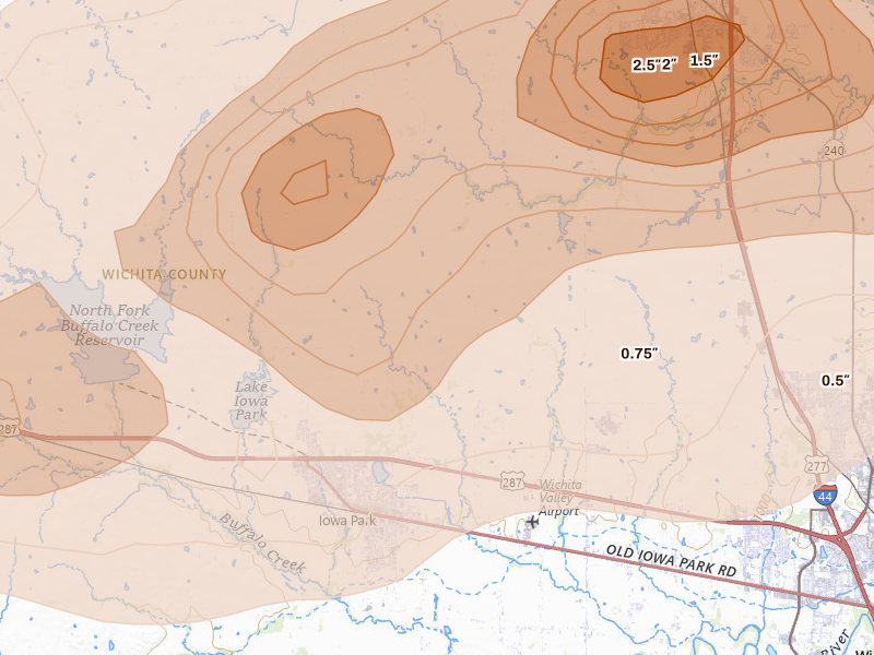 Radar-estimated hail-size map of the storm over Iowa Park, TX on Apr 26, 2026