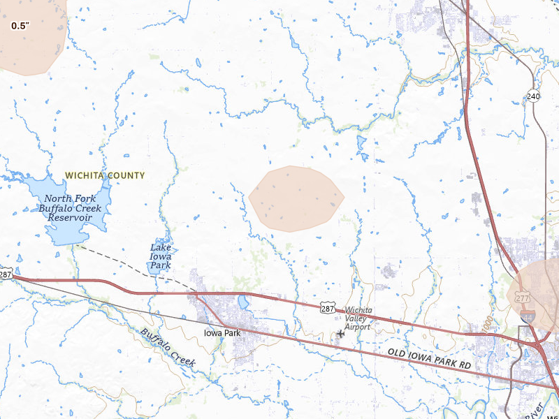 Radar-estimated hail-size map of the storm over Iowa Park, TX on May 8, 2026