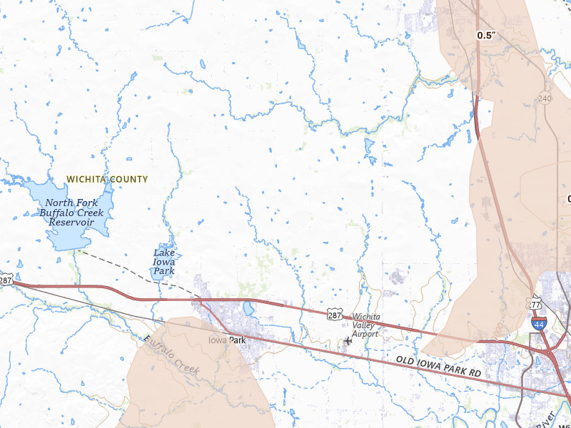 Radar-estimated hail-size map of the storm over Iowa Park, TX on May 22, 2026