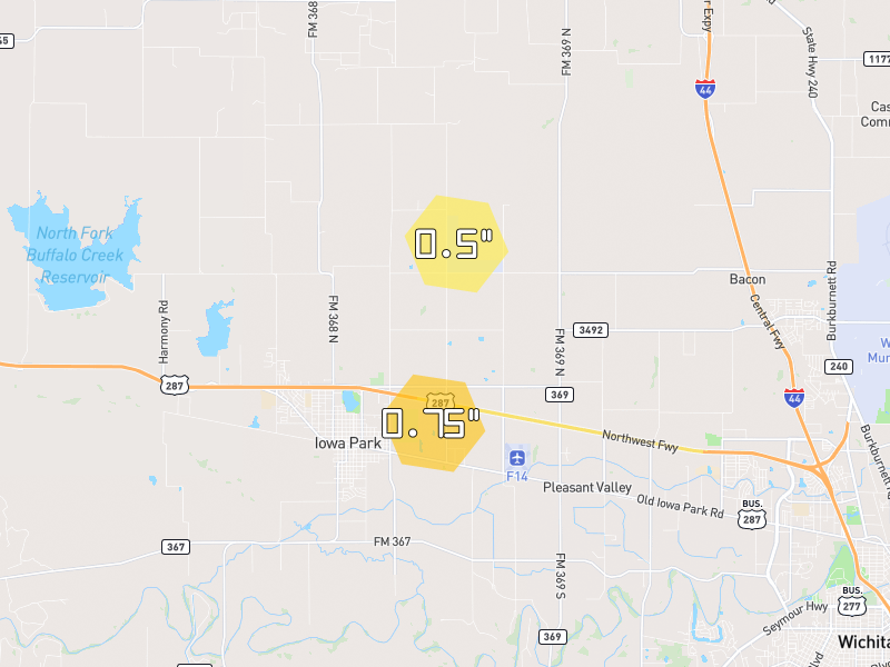 Hail map of Iowa Park, TX on Jun 7, 2026, hail up to 0.75"