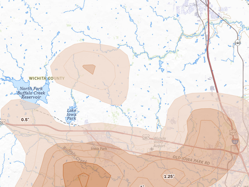 Radar-estimated hail-size map of the storm over Iowa Park, TX on Jul 5, 2026
