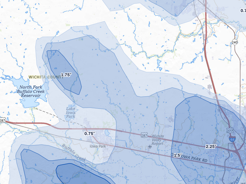 NEXRAD radar-signature map of the hail storm over Iowa Park, TX on Jul 5, 2026
