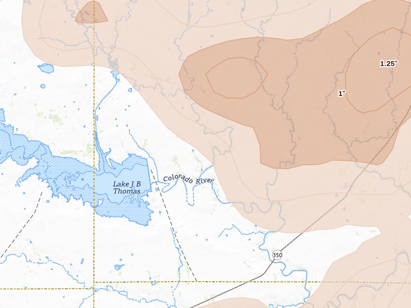 Radar-estimated hail-size map of the storm over Ira, TX on May 22, 2026