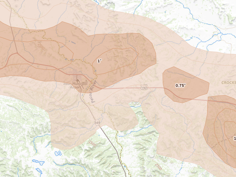 Radar-estimated hail-size map of the storm over Iraan, TX on May 21, 2026