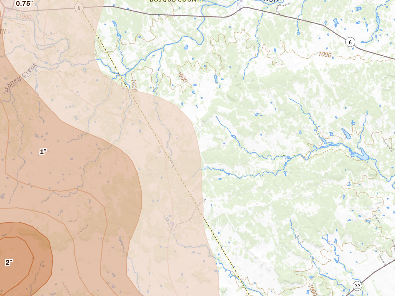 Radar-estimated hail-size map of the storm over Iredell, TX on May 10, 2026