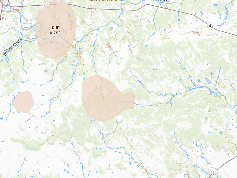 Radar-estimated hail-size map of the storm over Iredell, TX