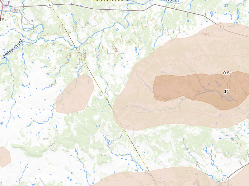 Radar-estimated hail-size map of the storm over Iredell, TX on Jun 6, 2026
