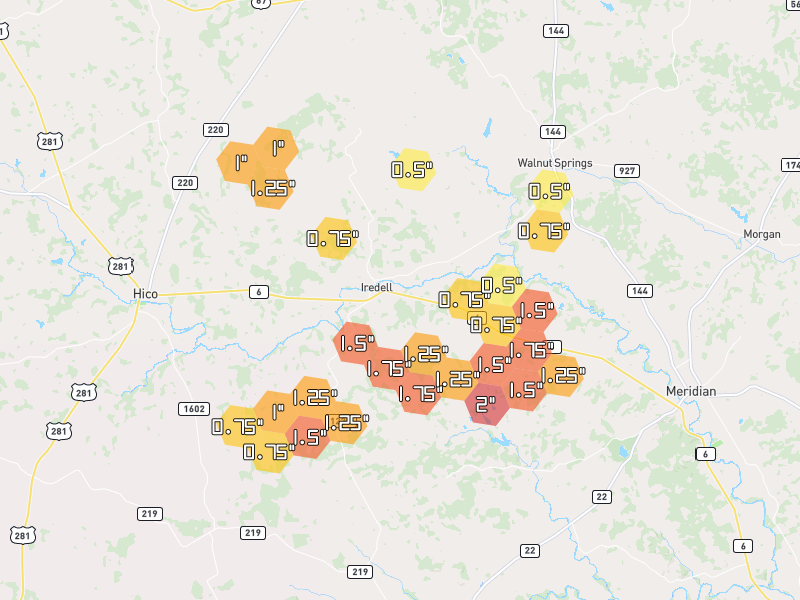 Hail map of Iredell, TX on Jun 7, 2026, hail up to 2"