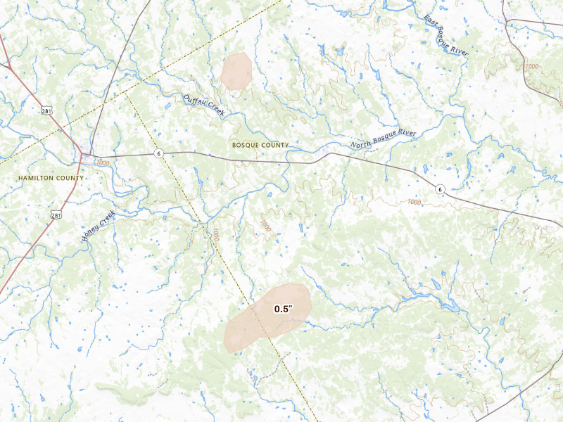 Radar-estimated hail-size map of the storm over Iredell, TX