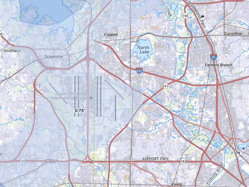 NEXRAD radar-signature map of the hail storm over Irving, TX on Mar 4, 2026